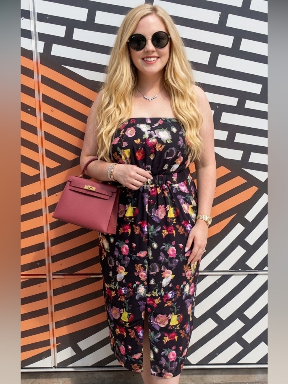 City Chic Black Floral Strapless Midi Dress